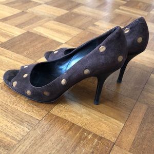 Via Spiga 7.5 Narrow suede open toe 3” stilletos